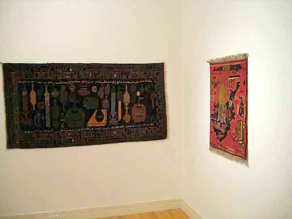 Installation photo of Afghan rugs shown at the art gallery at Davidson College