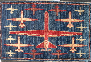 Dark Blue Reaper Drone War Rug with Traditional Turkmen Border