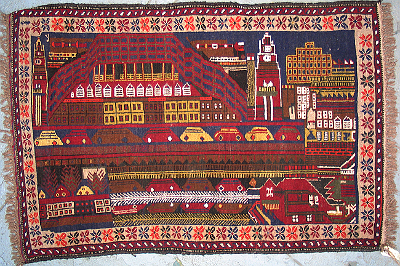 Tyne River Veiw, Newcastle, En. Afghan rug with cars